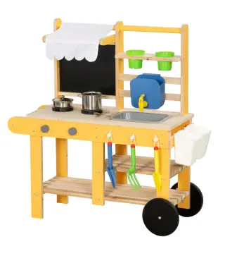 Cocina de Juguete Exterior de Madera con Ruedas Agua Real Macetas Pizarra y 15 Accesorios 84,2x34,4x90 cm Amarillo