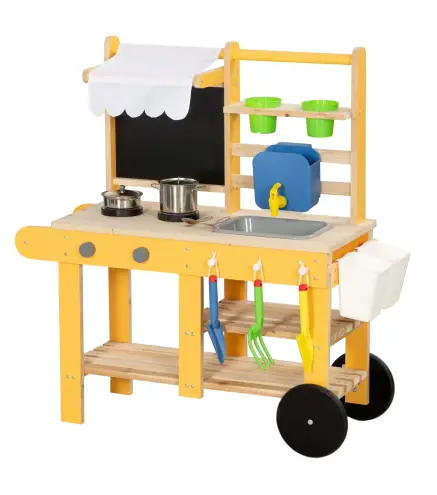 Cocina de Juguete Exterior de Madera con Ruedas Agua Real Macetas Pizarra y 15 Accesorios 84,2x34,4x90 cm Amarillo
