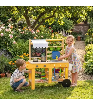 Cocina de Juguete Exterior de Madera con Ruedas Agua Real Macetas Pizarra y 15 Accesorios 84,2x34,4x90 cm Amarillo