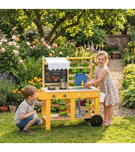 Cocina de Juguete Exterior de Madera con Ruedas Agua Real Macetas Pizarra y 15 Accesorios 84,2x34,4x90 cm Amarillo