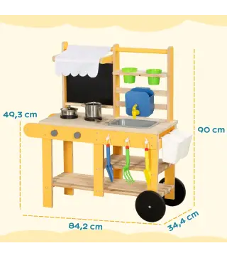 Cocina de Juguete Exterior de Madera con Ruedas Agua Real Macetas Pizarra y 15 Accesorios 84,2x34,4x90 cm Amarillo