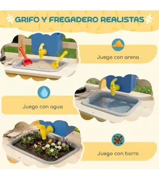 Cocina de Juguete Exterior de Madera con Ruedas Agua Real Macetas Pizarra y 15 Accesorios 84,2x34,4x90 cm Amarillo