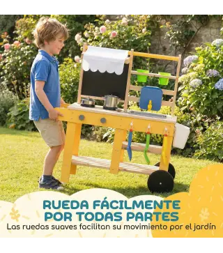 Cocina de Juguete Exterior de Madera con Ruedas Agua Real Macetas Pizarra y 15 Accesorios 84,2x34,4x90 cm Amarillo
