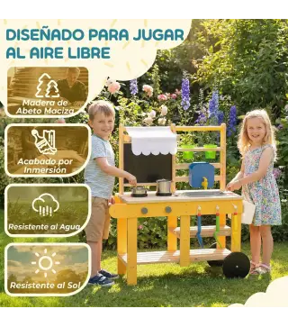 Cocina de Juguete Exterior de Madera con Ruedas Agua Real Macetas Pizarra y 15 Accesorios 84,2x34,4x90 cm Amarillo