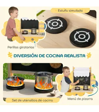 Cocina de Juguete Exterior de Madera con Ruedas Agua Real Macetas Pizarra y 15 Accesorios 84,2x34,4x90 cm Amarillo