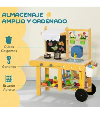Cocina de Juguete Exterior de Madera con Ruedas Agua Real Macetas Pizarra y 15 Accesorios 84,2x34,4x90 cm Amarillo