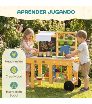 Cocina de Juguete Exterior de Madera con Ruedas Agua Real Macetas Pizarra y 15 Accesorios 84,2x34,4x90 cm Amarillo