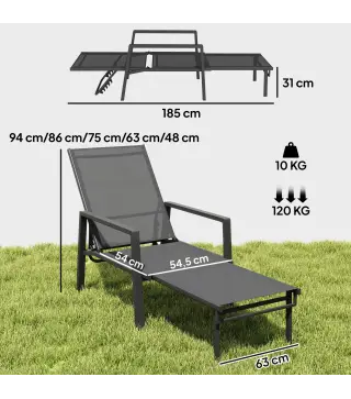 Tumbona Plegable con Reposapiés Retráctil Respaldo Ajustable 5 Niveles Tela de Textilene Marco Acero Gris Oscuro