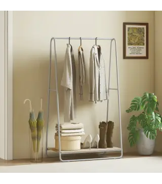 Perchero 3 en 1 Perchero con Estante para Zapatos Barras Superior y Laterales Estructura de Metal Natural y Gris