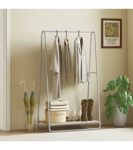 Perchero 3 en 1 Perchero con Estante para Zapatos Barras Superior y Laterales Estructura de Metal Natural y Gris