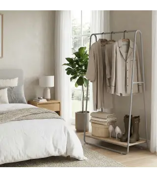 Perchero 3 en 1 Perchero con Estante para Zapatos Barras Superior y Laterales Estructura de Metal Natural y Gris