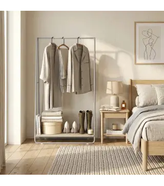 Perchero 3 en 1 Perchero con Estante para Zapatos Barras Superior y Laterales Estructura de Metal Natural y Gris