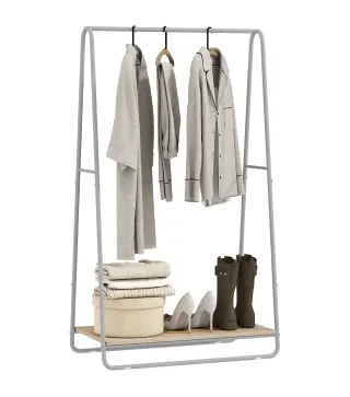 Perchero 3 en 1 Perchero con Estante para Zapatos Barras Superior y Laterales Estructura de Metal Natural y Gris