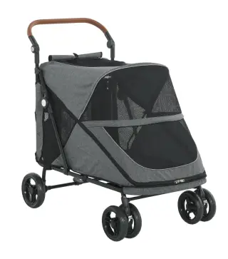 Carrito para Perros Plegable con un Botón hasta 30 kg con Suspensión en 4 Ruedas Giratorio y Freno de Pie Gris