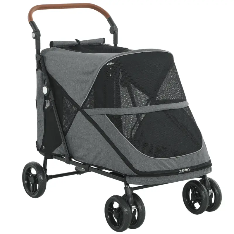 Carrito para Perros Plegable con un Botón hasta 30 kg con Suspensión en 4 Ruedas Giratorio y Freno de Pie Gris