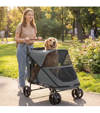 Carrito para Perros Plegable con un Botón hasta 30 kg con Suspensión en 4 Ruedas Giratorio y Freno de Pie Gris