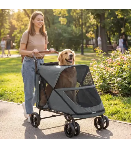Carrito para Perros Plegable con un Botón hasta 30 kg con Suspensión en 4 Ruedas Giratorio y Freno de Pie Gris