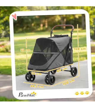 Carrito para Perros Plegable con un Botón hasta 30 kg con Suspensión en 4 Ruedas Giratorio y Freno de Pie Gris