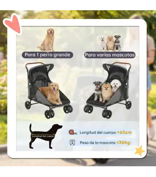 Carrito para Perros Plegable con un Botón hasta 30 kg con Suspensión en 4 Ruedas Giratorio y Freno de Pie Gris