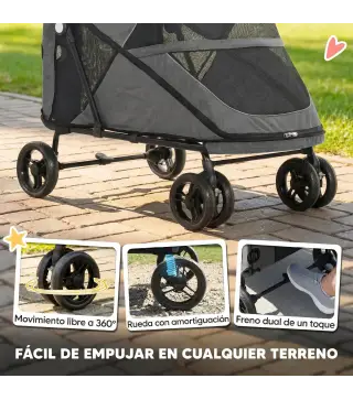 Carrito para Perros Plegable con un Botón hasta 30 kg con Suspensión en 4 Ruedas Giratorio y Freno de Pie Gris