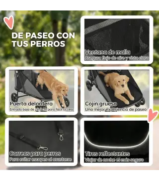 Carrito para Perros Plegable con un Botón hasta 30 kg con Suspensión en 4 Ruedas Giratorio y Freno de Pie Gris