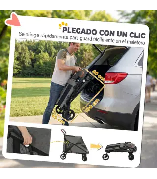 Carrito para Perros Plegable con un Botón hasta 30 kg con Suspensión en 4 Ruedas Giratorio y Freno de Pie Gris