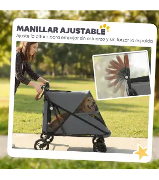 Carrito para Perros Plegable con un Botón hasta 30 kg con Suspensión en 4 Ruedas Giratorio y Freno de Pie Gris