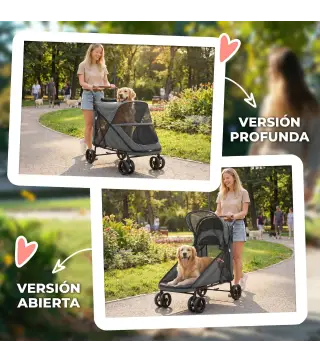 Carrito para Perros Plegable con un Botón hasta 30 kg con Suspensión en 4 Ruedas Giratorio y Freno de Pie Gris
