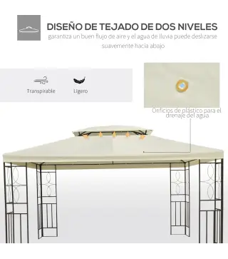 Cenador de Jardín 3x4m Pabellón para Exterior con Doble Techo de Ventilación y 4 columnas de acero Estable para Fiestas Eventos
