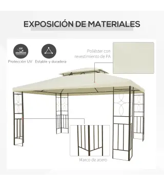 Cenador de Jardín 3x4m Pabellón para Exterior con Doble Techo de Ventilación y 4 columnas de acero Estable para Fiestas Eventos