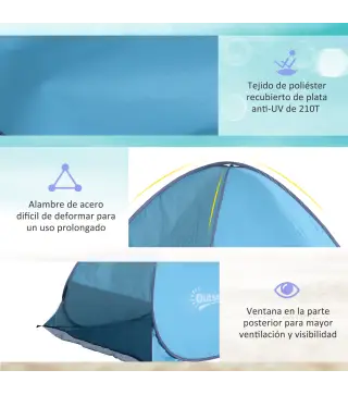 Tienda de Playa para 2-3 Personas Pop-Up con Ventanas tipo Refugio con Protección Solar UV 200x150x119 cm Azul