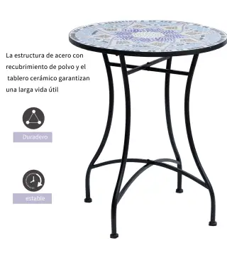 Mesa Auxiliar Redonda de Jardín Ø60x71 cm con Encimera de Mosaico Decorativo para Exterior y Capacidad de 100 kg