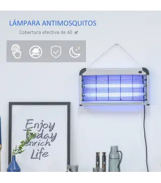 Lámpara Antimosquitos Eléctrico 30W Mata Mosquitos Eléctrico con Luz UV Efecto 60 m² 48,5x8,5x26,5 cm Plata
