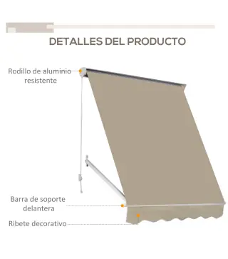 Toldo Retráctil de Exterior con Marco de Aluminio Ángulo Ajustable Protección UV e Impermeable 180x70 cm Beige