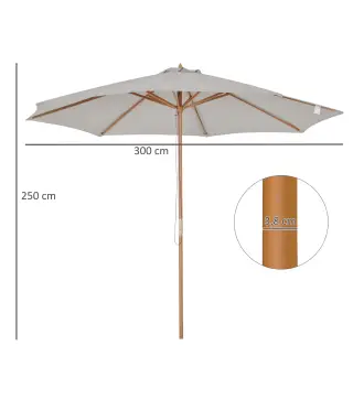 Sombrilla Terraza Exterior Ø300 cm Sombrilla de Jardín con Sistema de Polea Techo Ventilado y Poste Desmontable de Madera Paraso