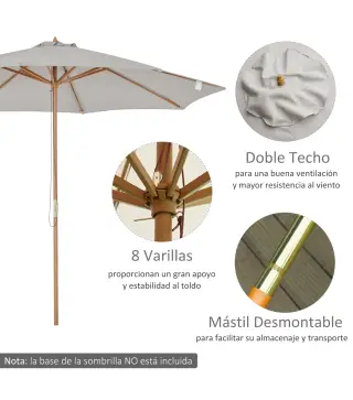 Sombrilla Terraza Exterior Ø300 cm Sombrilla de Jardín con Sistema de Polea Techo Ventilado y Poste Desmontable de Madera Paraso