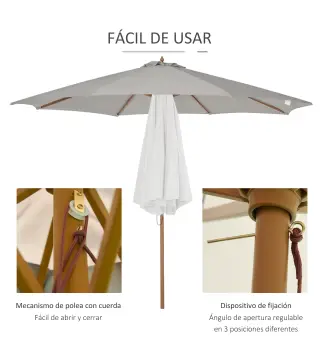Sombrilla Terraza Exterior Ø300 cm Sombrilla de Jardín con Sistema de Polea Techo Ventilado y Poste Desmontable de Madera Paraso