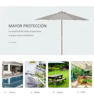 Sombrilla Terraza Exterior Ø300 cm Sombrilla de Jardín con Sistema de Polea Techo Ventilado y Poste Desmontable de Madera Paraso