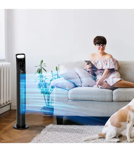 Ventilador de Torre con Control Remoto con 3 Velocidades y Modos de Función con Temporizador de 7,5h Ø18x78,5cm Negro