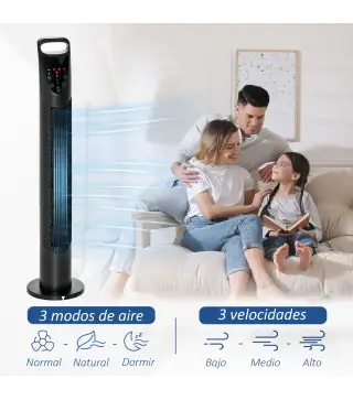 Ventilador de Torre con Control Remoto con 3 Velocidades y Modos de Función con Temporizador de 7,5h Ø18x78,5cm Negro