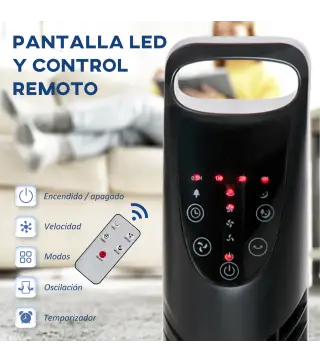 Ventilador de Torre con Control Remoto con 3 Velocidades y Modos de Función con Temporizador de 7,5h Ø18x78,5cm Negro