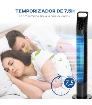 Ventilador de Torre con Control Remoto con 3 Velocidades y Modos de Función con Temporizador de 7,5h Ø18x78,5cm Negro