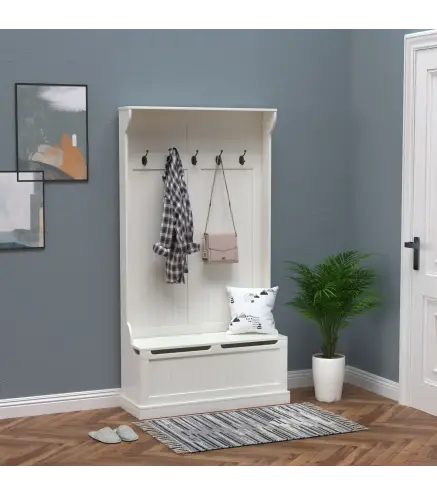 Perchero con Zapatero Perchero con Banco Perchero Recibidor con 5 Ganchos y Espacio de Almacenaje 96x34x179,7 cm Marfil