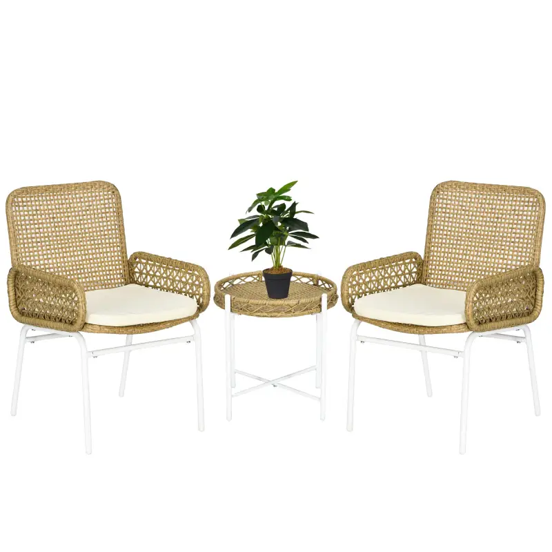 Juego de 3 Piezas Sillas y Mesa de Ratán con 2 Sillas 1 Mesa de Centro y Cojines para Terraza Patio Natural