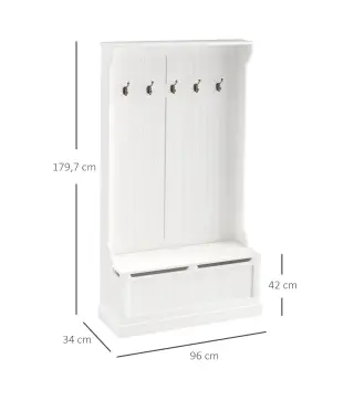 Perchero con Zapatero Perchero con Banco Perchero Recibidor con 5 Ganchos y Espacio de Almacenaje 96x34x179,7 cm Marfil