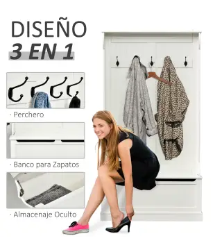 Perchero con Zapatero Perchero con Banco Perchero Recibidor con 5 Ganchos y Espacio de Almacenaje 96x34x179,7 cm Marfil