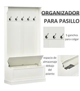 Perchero con Zapatero Perchero con Banco Perchero Recibidor con 5 Ganchos y Espacio de Almacenaje 96x34x179,7 cm Marfil