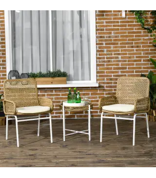 Juego de 3 Piezas Sillas y Mesa de Ratán con 2 Sillas 1 Mesa de Centro y Cojines para Terraza Patio Natural