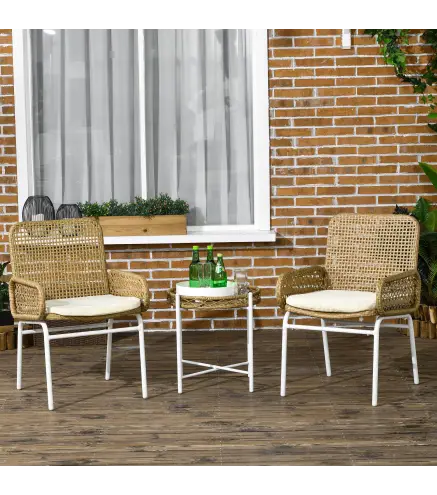 Juego de 3 Piezas Sillas y Mesa de Ratán con 2 Sillas 1 Mesa de Centro y Cojines para Terraza Patio Natural