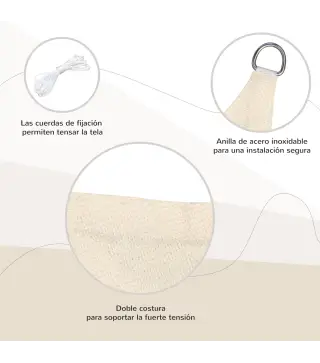Toldo Vela Rectangular 4x6 m con Anti-UV Anillas de Acero Inoxidable y Cuerdas de Nylon para Jardín Patio Crema